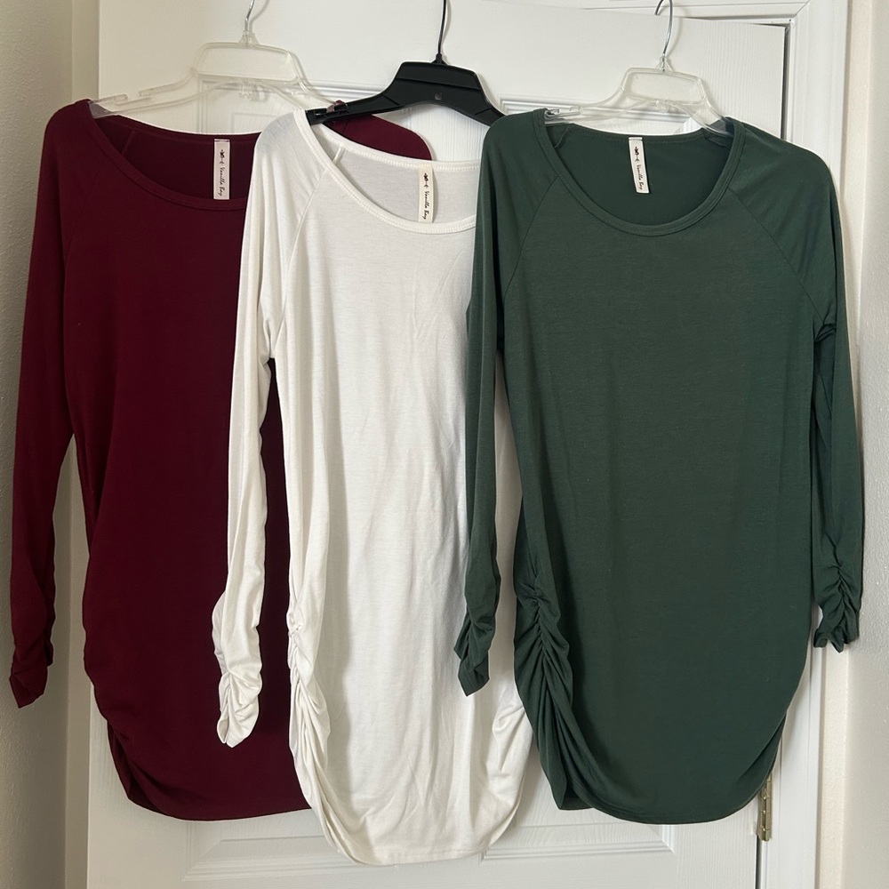 Vanilla Bay Long Sleeve Ruched Tops - Maroon, White, Forest Green